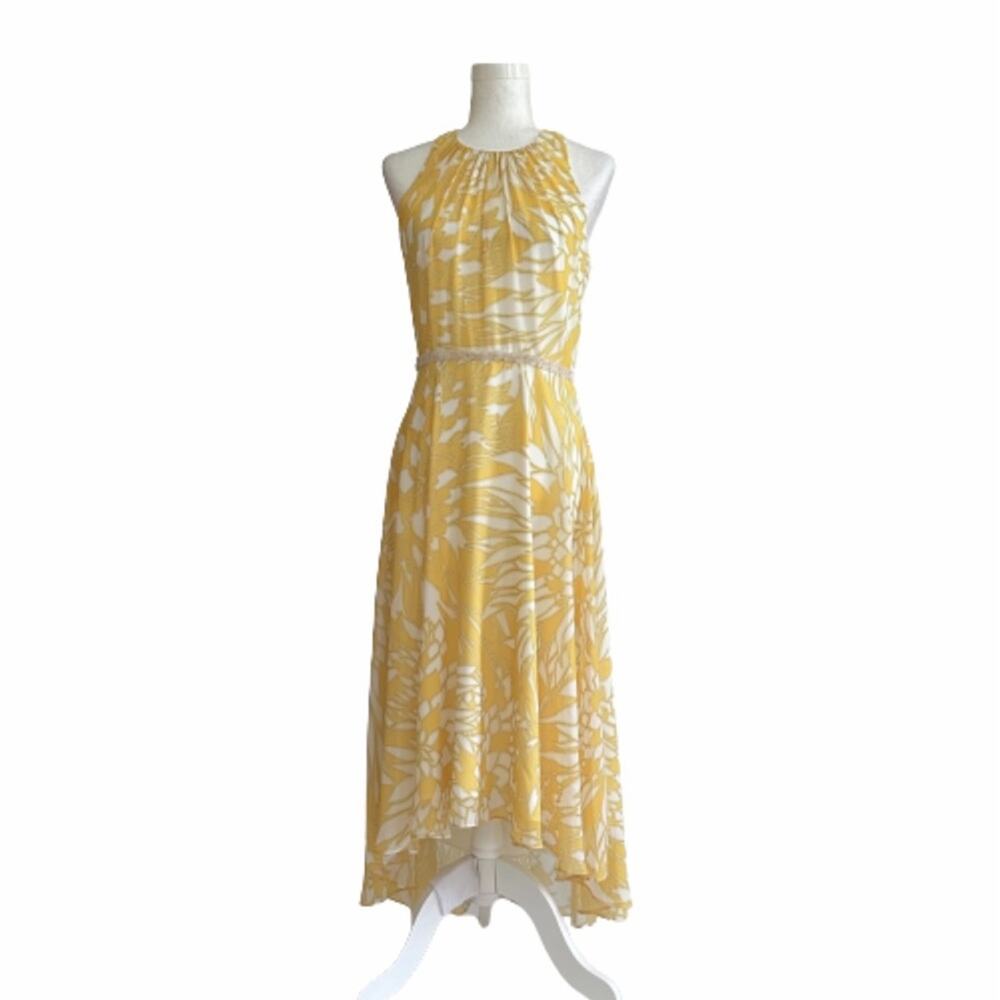 Badgley Mischka Dress Yellow White Paradiso Sleeveless Beaded Waist Midi Size 4